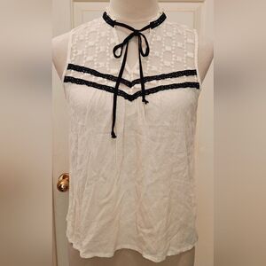 Vintage Jolt Cream Blouse w Sheer Embroidered Mesh Panel & Black Trim.